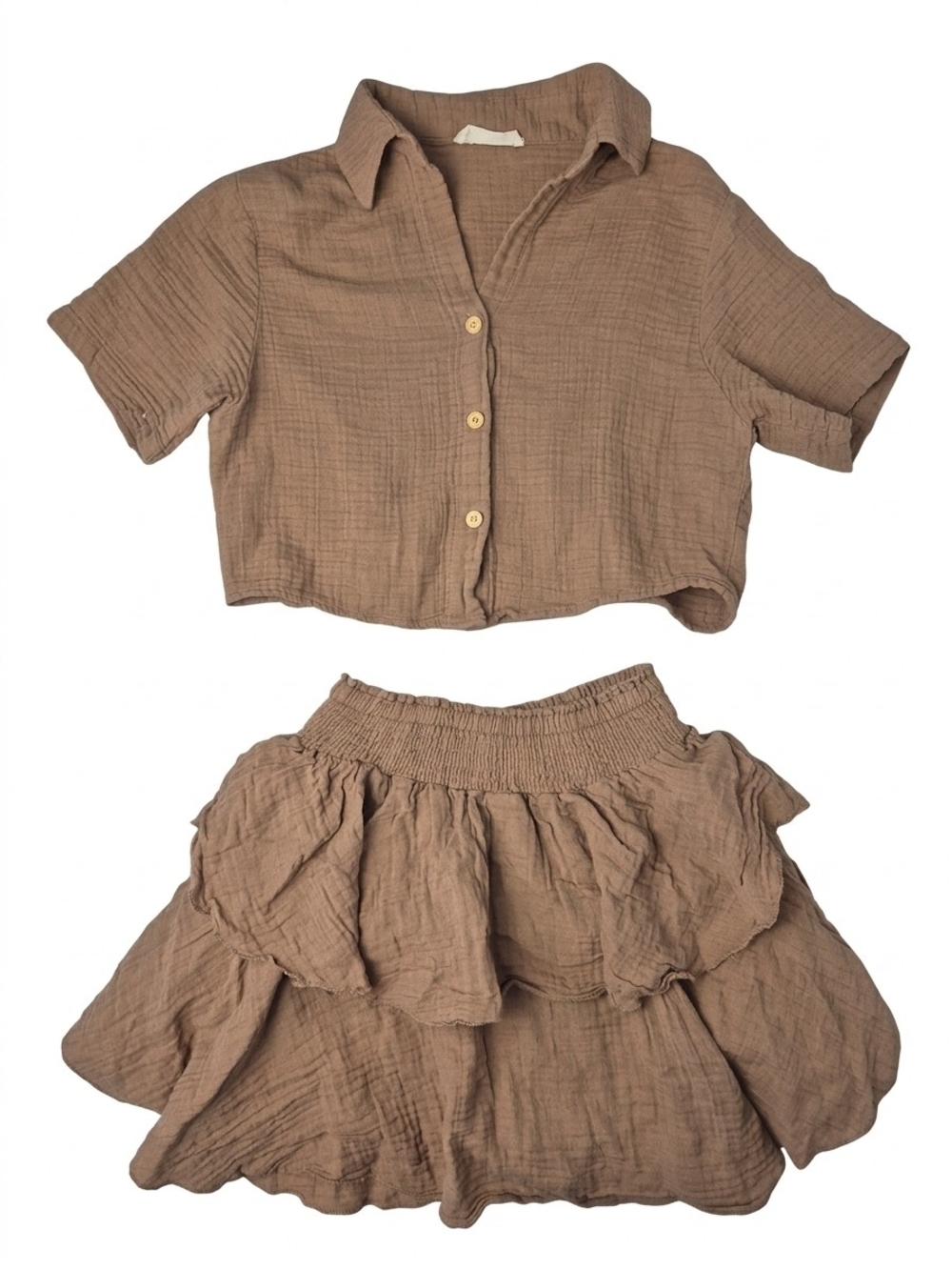 Two-Piece Cropped Button Shirt & Ruffle Skirt Set in Taupe